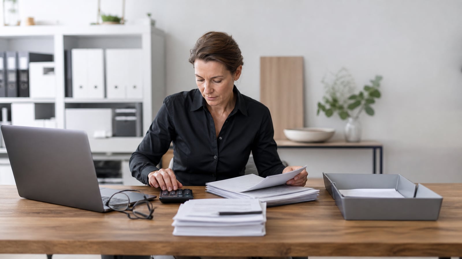 Monatlicher Finanzcheck mit Laptop und geordneten Unterlagen